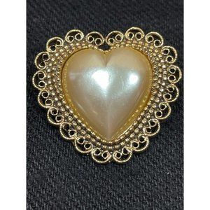 Vintage Dainty Brooch Heart Shape Faux Pearl Gold Tone Filigree 1"
